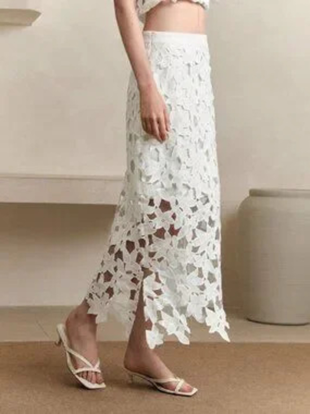 ZARA White Elegant Women's 3d Floral Lace Fabric Hollow Flower Pattern Skirt